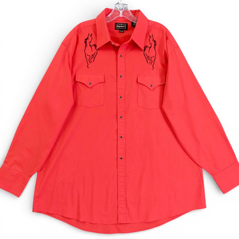 High Noon Western Shirt Red Embroidered Horses Pearl Snap 2XL Vintage Style